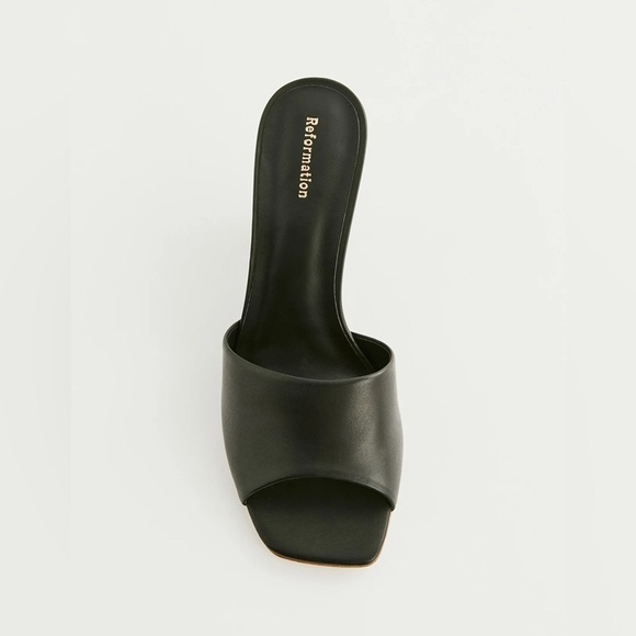 NWOB Reformation Gerri Heeled Sandal Mules in Black Leather Gold Heel, 6.5 - Picture 8 of 9